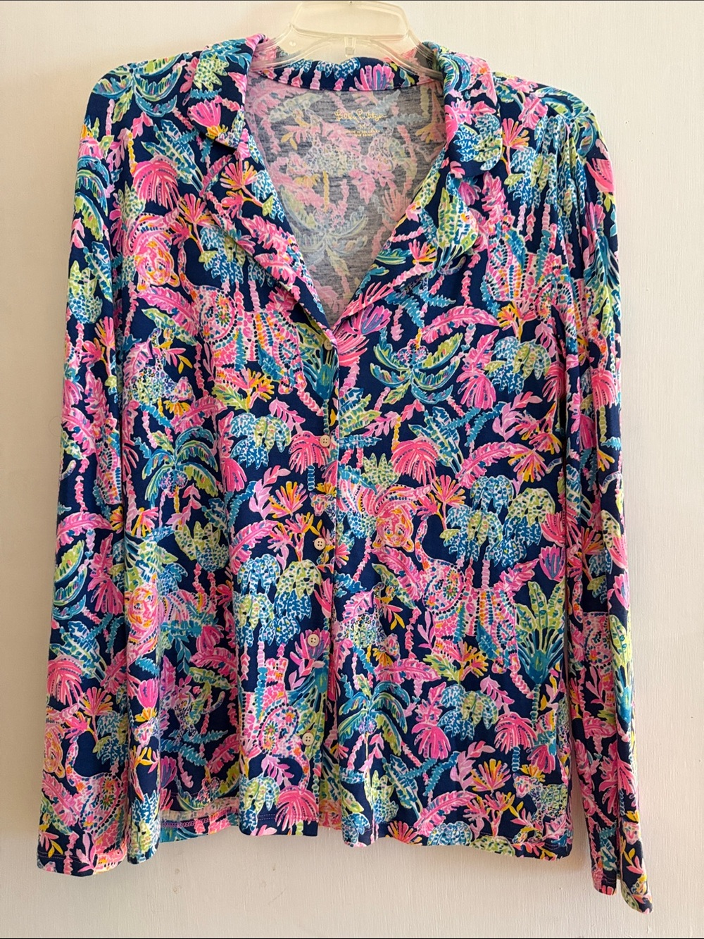 Lilly Pulitzer Navy Blue Pink Green Tropical Button-Down Shirt